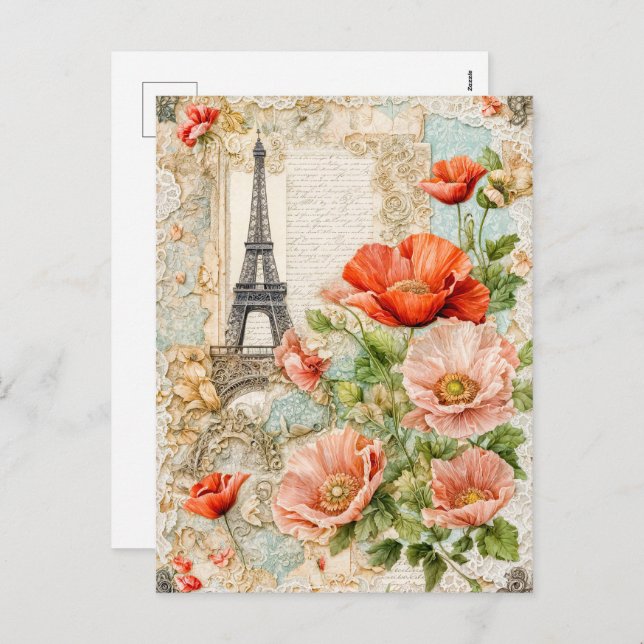 Postal Festiva Torre Eiffel con flores de amapola roja (Anverso / Reverso)