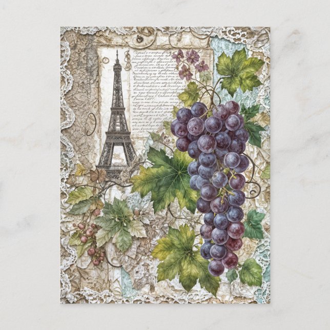 Postal Festiva Torre Eiffel con uvas antiguas (Anverso)