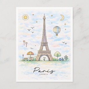 Postal Festiva Torre Eiffel de París acuarela Francia
