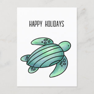 Postal Festiva tortuga marina pintada con acuarela azul verde de