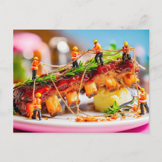 Postal Festiva trabajadores en miniatura cocinan costillas de cer (Anverso)