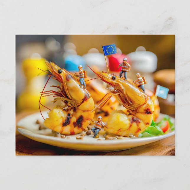 Postal Festiva trabajadores en miniatura preparan gambas a la par (Anverso)