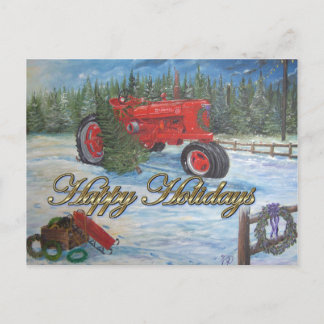 Postal Festiva Tractor Antiguo Felices Fiestas en una Granja de Á