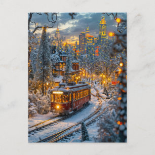 Postal Festiva Tranvía en miniatura en una ciudad invernal nevada