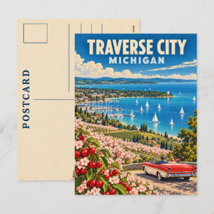 Postal Festiva Traverse City Michigan Cherry Coast Viajes Antiguo