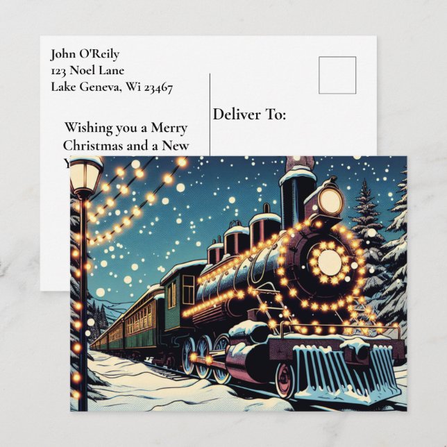Postal Festiva Tren de época en una noche de Navidades (Anverso / Reverso)