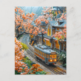 Postal Festiva Tren de primavera en miniatura bajo árboles de cer