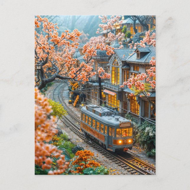 Postal Festiva Tren de primavera en miniatura bajo árboles de cer (Anverso)