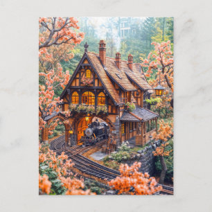 Postal Festiva Tren de vapor en miniatura bajo flores de cerezo