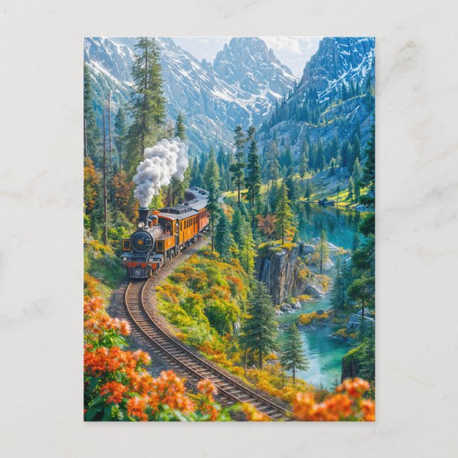 Postal Festiva Tren de vapor en miniatura en bosque alpino (Anverso)