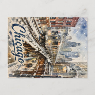 Postal Festiva Tren elevado de Chicago en la nieve invernal
