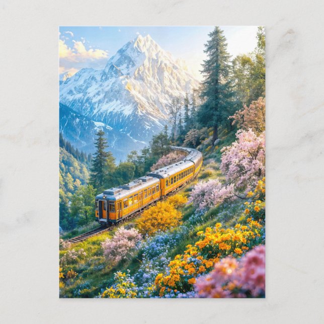 Postal Festiva Tren en miniatura en primavera alpina floreciente (Anverso)
