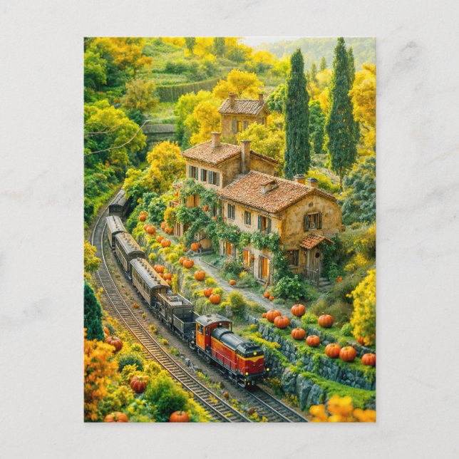 Postal Festiva Tren miniatura a través de campos de calabaza tosc (Anverso)