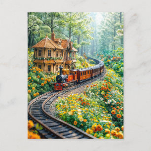 Postal Festiva Tren miniatura que serpentea por colinas primavera