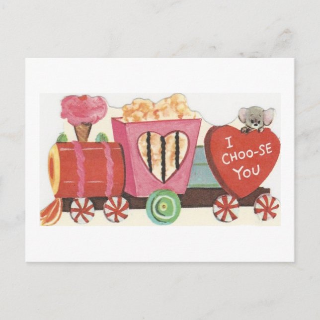 Postal Festiva Tren San Valentín de dulces de época (Anverso)