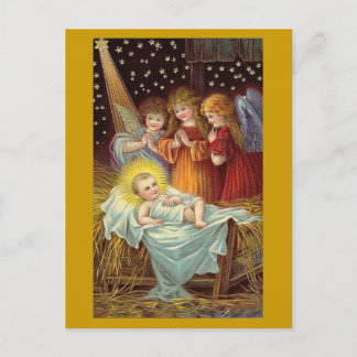 POSTAL FESTIVA TRES ÁNGELES CON ORO DE BEBÉ JESÚS