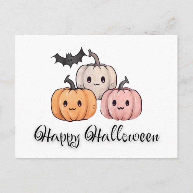 Postal Festiva Tres calabaza y murciélago cuestan feliz Halloween (Anverso)