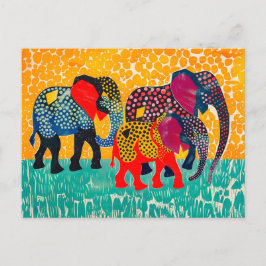 Postal Festiva Tres elefantes abstractos en campo de punto amaril