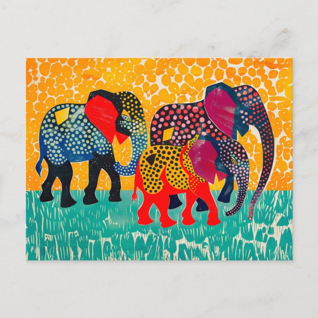 Postal Festiva Tres elefantes abstractos en campo de punto amaril (Anverso)