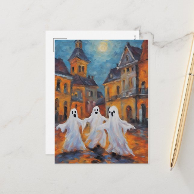 Postal Festiva Tres fantasmas bailan en la plaza del pueblo, Feli (Anverso/Reverso In Situ)