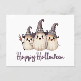 Postal Festiva Tres fantasmas Gorras de bruja blanca Feliz Hallow