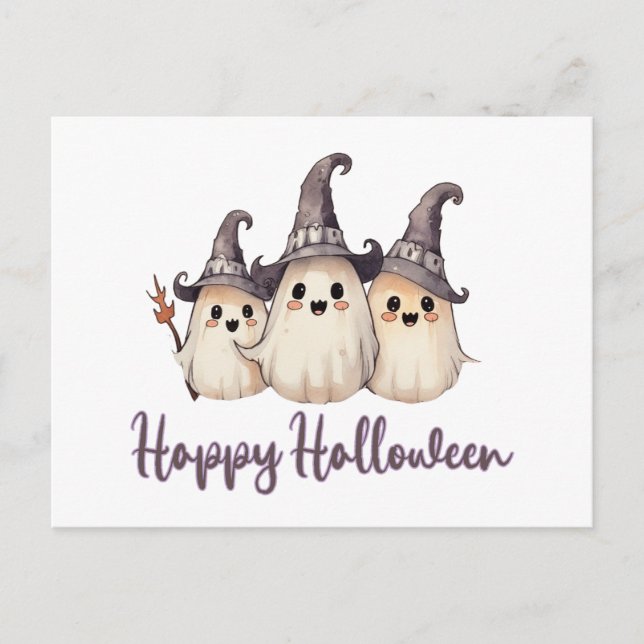 Postal Festiva Tres fantasmas Gorras de bruja blanca Feliz Hallow (Anverso)