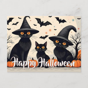 Postal Festiva Tres gatos negros con sombreros en Halloween