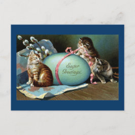Postal Festiva Tres gatos y gran huevo azul de Pascua