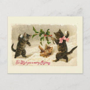 Postal Festiva Tres gatos y una rama de Holly
