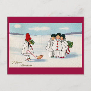 Postal Festiva Tres Pierrots y un cerdo en Navidades de correa