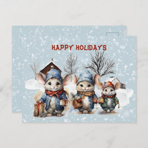 Postal Festiva Tres ratones de lija en la granja Felices Fiestas