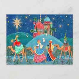 Postal Festiva Tres Reyes Magos azules modernos