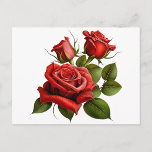 Postal Festiva Tres rosas rojas con hojas verdes sobre blanco