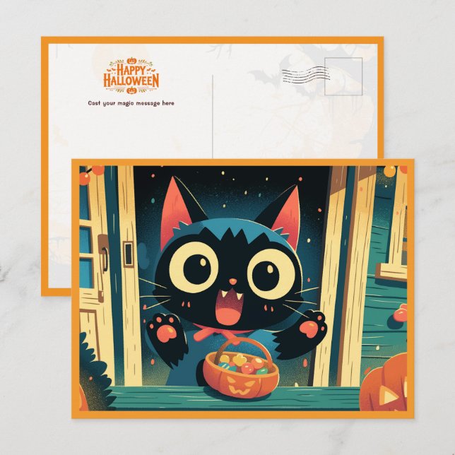 Postal Festiva Trick negro de gato o trébol Halloween (Anverso / Reverso)