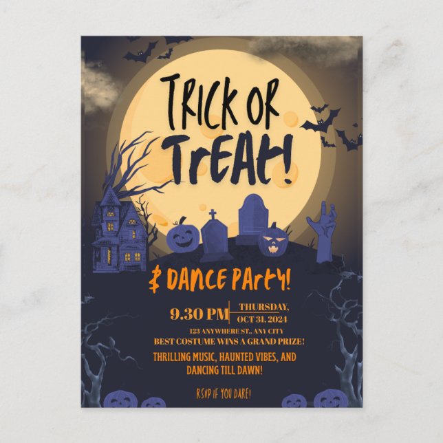 Postal Festiva Trick or Treat Halloween Dance Party Invitation🎃 (Anverso)