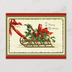 Postal Festiva Trineo Dorado Navideño Vintage
