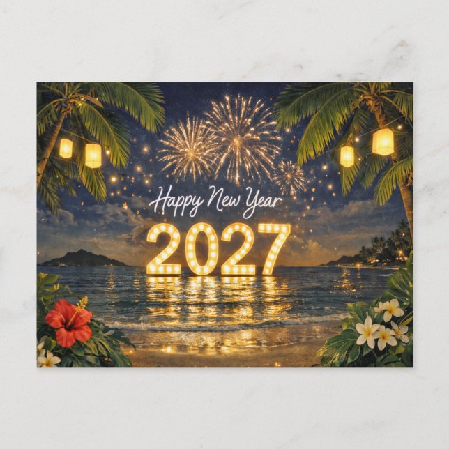 Postal Festiva Tropical Fireworks Sunset Happy New Year 2027 (Anverso)