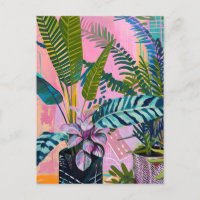 Tropical pink flamingos set against lush green