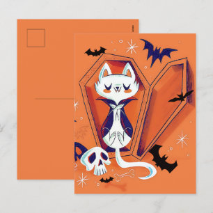 Postal Festiva Truco o trato Feliz gato blanco de Halloween