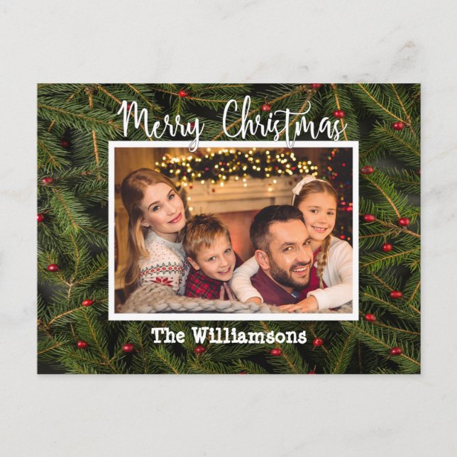 Postal Festiva Tu foto en una cama de Pine Merry Christmas (Anverso)