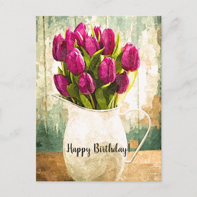Postal Festiva Tulipanes púrpuras, arte del cumpleaños del ramo (Anverso)