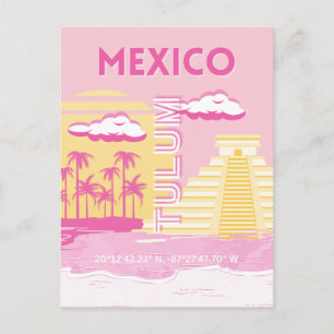 Postal Festiva Tulum, Arte de Viaje, Arte Preppy, Rosa