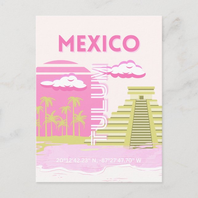 Postal Festiva Tulum, México, arte de viajes, rosa (Anverso)