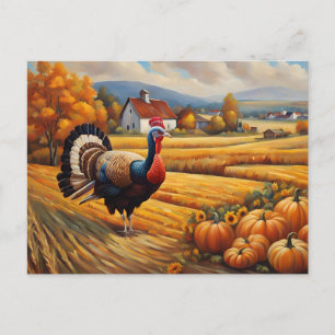 Postal Festiva Turquía con calabazas en el campo otoñal