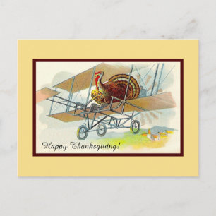 Postal Festiva Turquía vintage de acción de gracias en avión