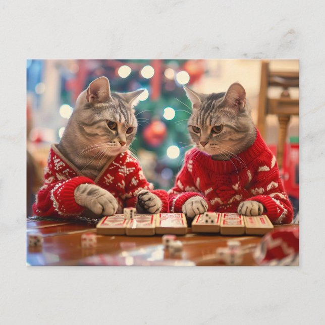 Postal Festiva Two cats in red sweaters with festive background (Anverso)