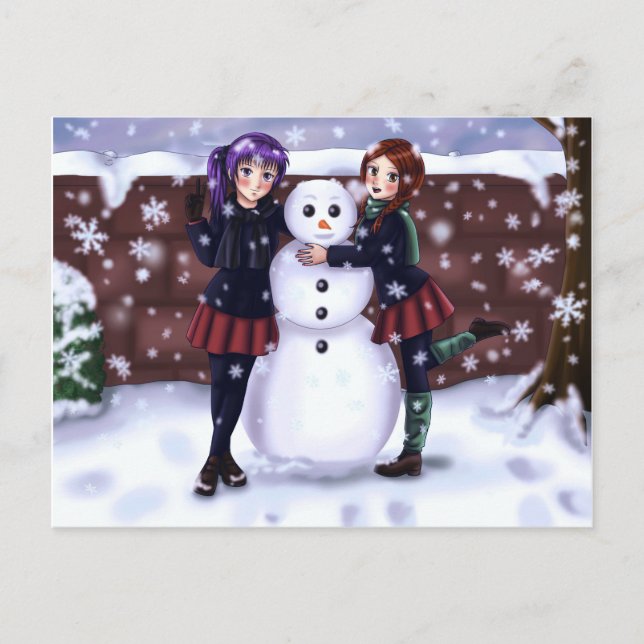 Postal Festiva Two Girls and a Snowman (Anverso)