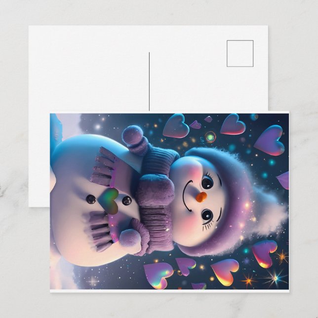 Postal Festiva Un amor de nieve morado - hombre de nieve (Anverso / Reverso)