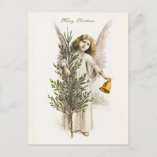 Postal Festiva Un ángel sostiene la campana de los Navidades Vint