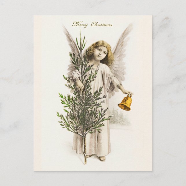 Postal Festiva Un ángel sostiene la campana de los Navidades Vint (Anverso)